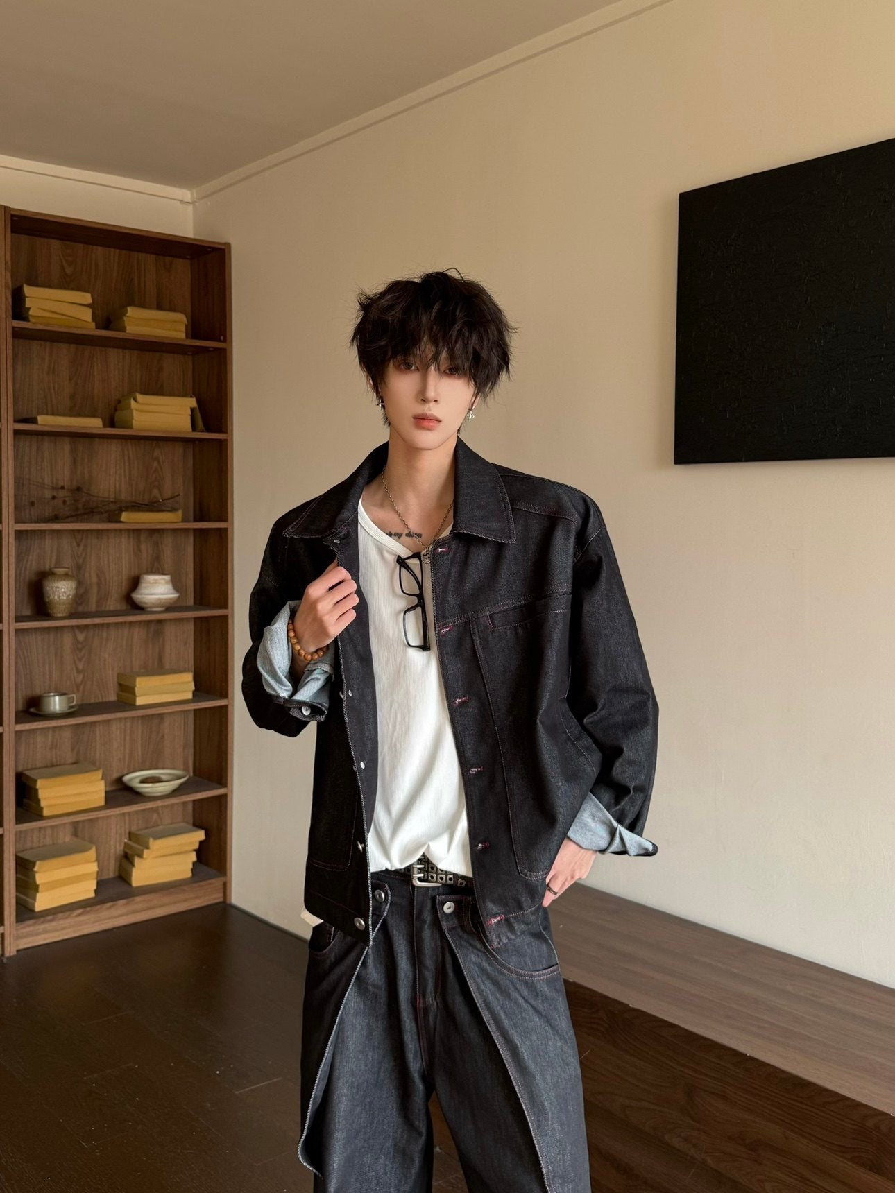 Deconstructed Shoulder-Pad Denim Jacket & Curved Denim Jeans Setup WN23171