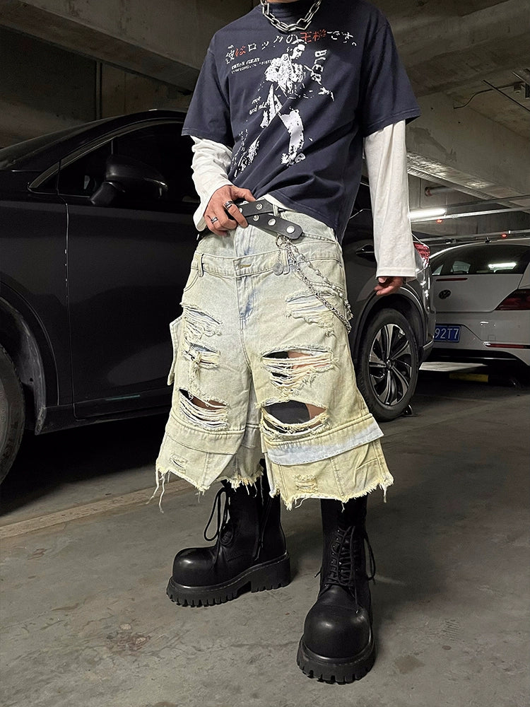 Double Waistband Mud Dye Damage Washed Straight Half Denim Jeans WN16306