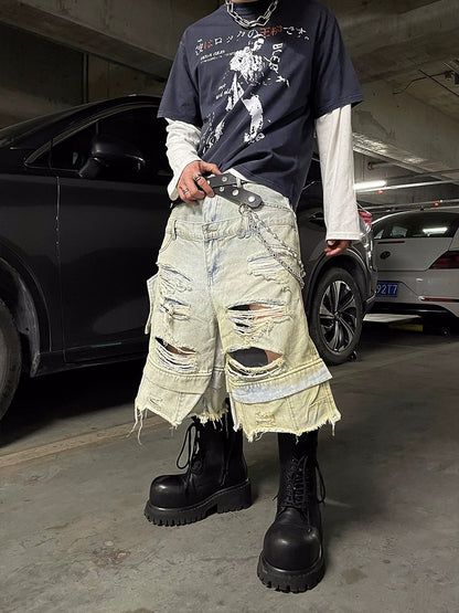 Double Waistband Mud Dye Damage Washed Straight Half Denim Jeans WN16306