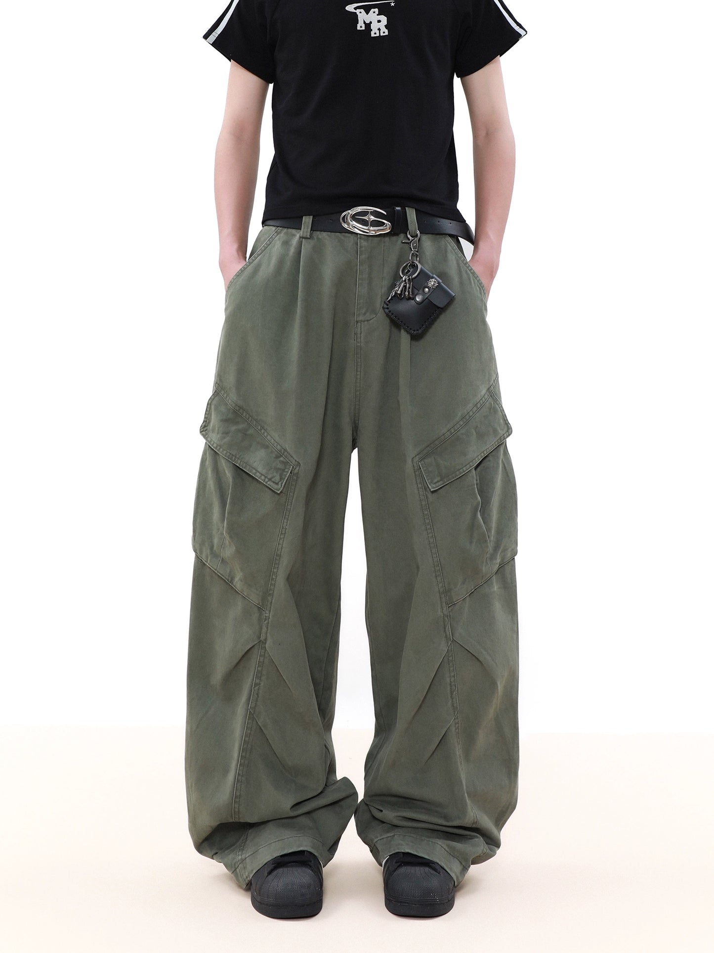 Pleated Design Wide Leg Cargo Pants WN7572