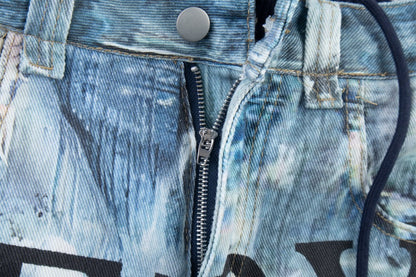 Acid Wash Fake Layered 3D Print Ripped Wide Leg Denim Jean WN27879