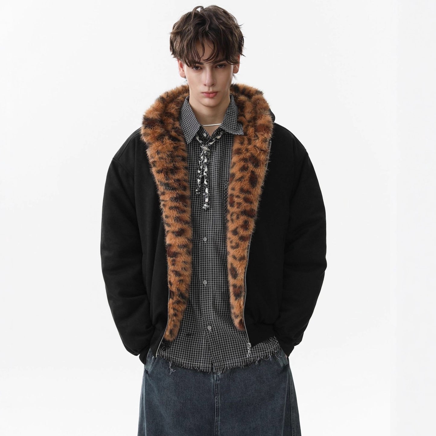 Leopard Fake Fur Hooded Zipper Jacket WN21867