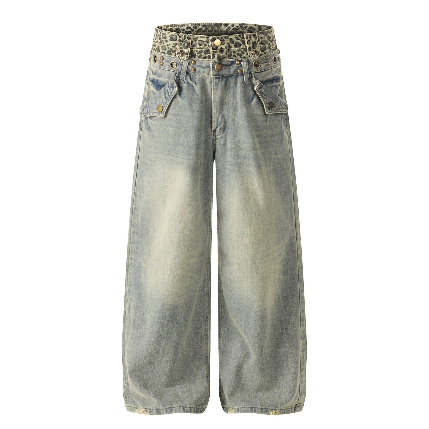 Leopard Waistband Washed Whisker Wide Leg Denim Jeans WN25566