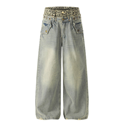 Leopard Waistband Washed Whisker Wide Leg Denim Jeans WN25566
