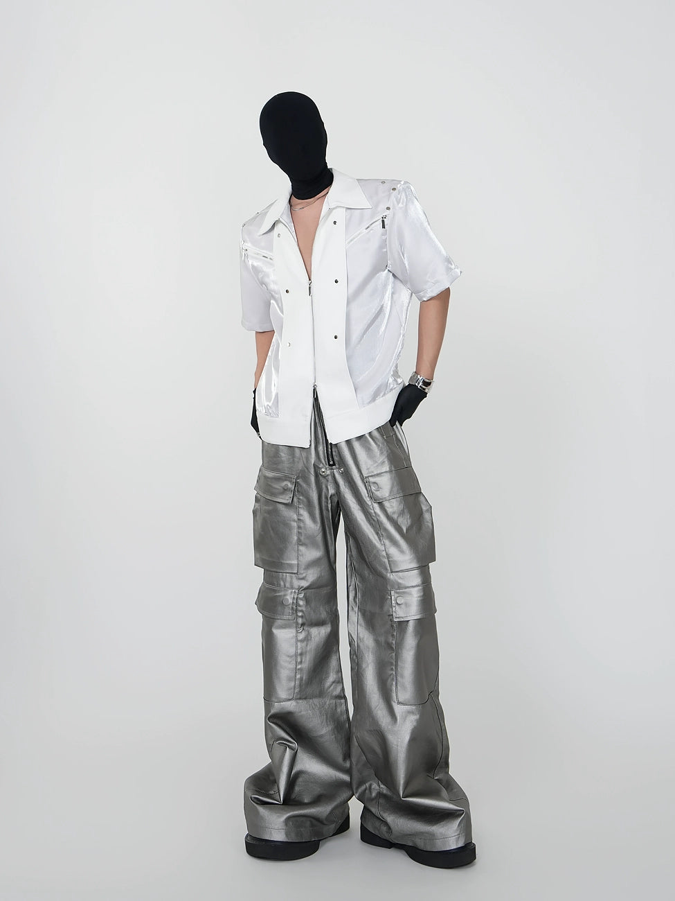 Short Zipper Jacket & Coated Wide Leg Denim Jeans Set WN17411