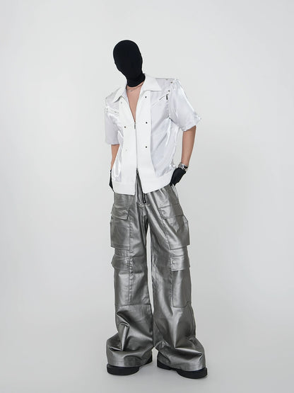 Short Zipper Jacket & Coated Wide Leg Denim Jeans Set WN17411