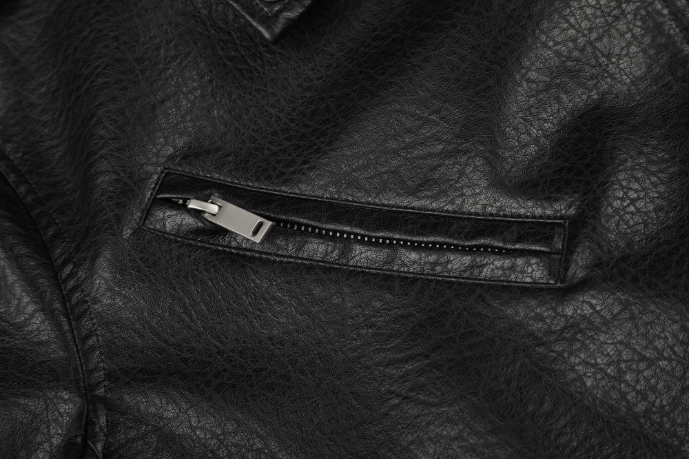 Diagonal Zipper Metal Stud Belt Short PU Leather Jacket WN27862