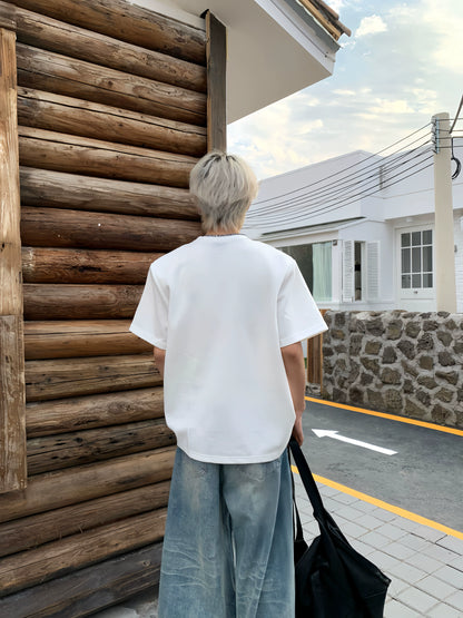 Shoulder-Pad Patchwork Oversize Short Sleeve T-Shirt WN19875