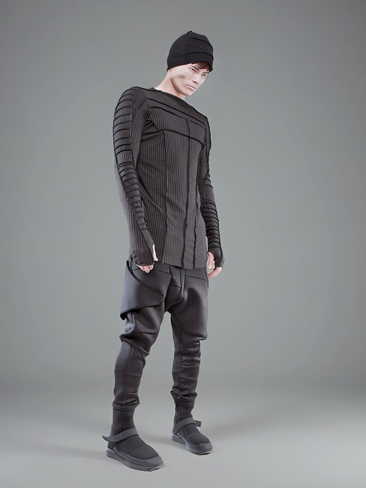 Asymmetric Pleats Deconstructed Slim Ribbed Long Sleeve T-Shirt WN21970