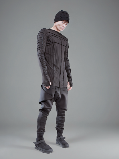 Asymmetric Pleats Deconstructed Slim Ribbed Long Sleeve T-Shirt WN21970