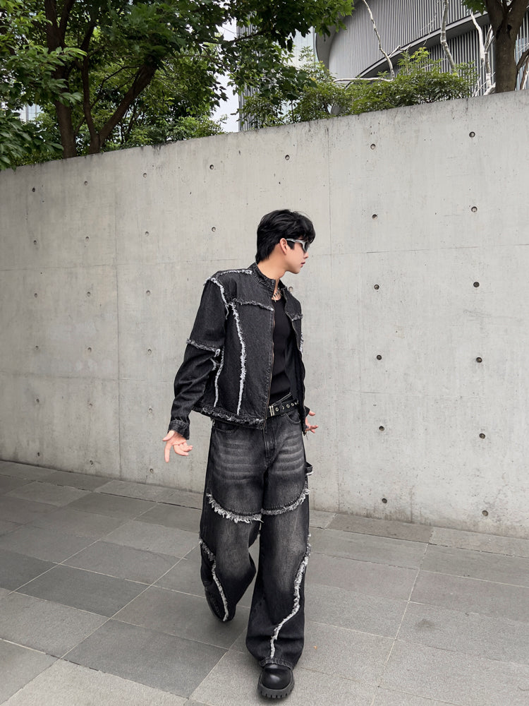 Patchwork Raw Edge Shoulder-Pad Short Jacket & Patchwork Straight Denim Jeans Setup WN15364