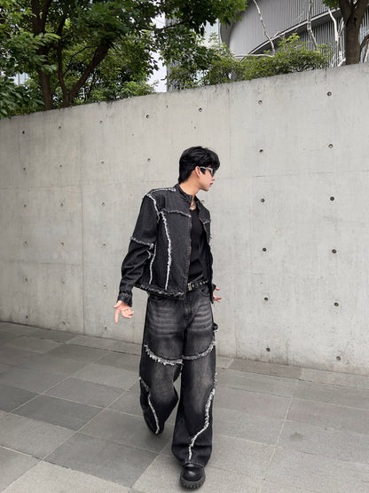 Patchwork Raw Edge Shoulder-Pad Short Jacket & Patchwork Straight Denim Jeans Setup WN15364