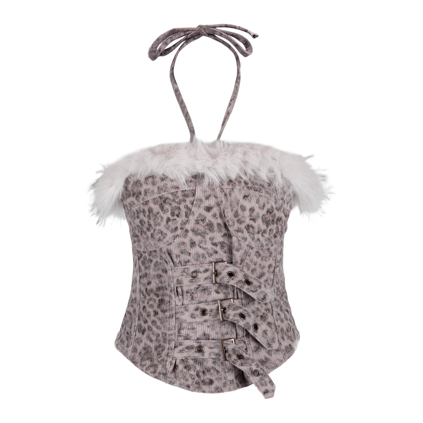 Fake Fur Ear Detail Star Hooded Puffer Jacket & Leopard Print Fake Fur Trim Halter Tank Top & Fake Fur Star Short Pants Setup WN22785