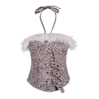 Fake Fur Ear Detail Star Hooded Puffer Jacket & Leopard Print Fake Fur Trim Halter Tank Top & Fake Fur Star Short Pants Setup WN22785