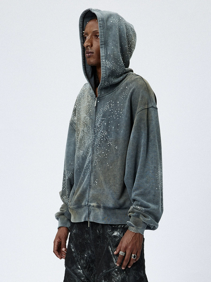 Washed Mud-Dyed Star Rhinestone Zipper Hoodie & Pants Setup WN17052