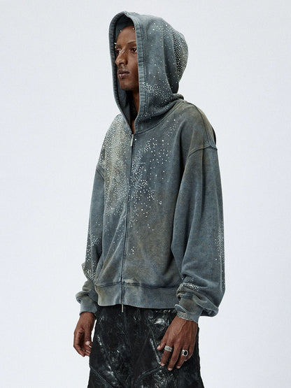 Washed Mud-Dyed Star Rhinestone Zipper Hoodie & Pants Setup WN17052