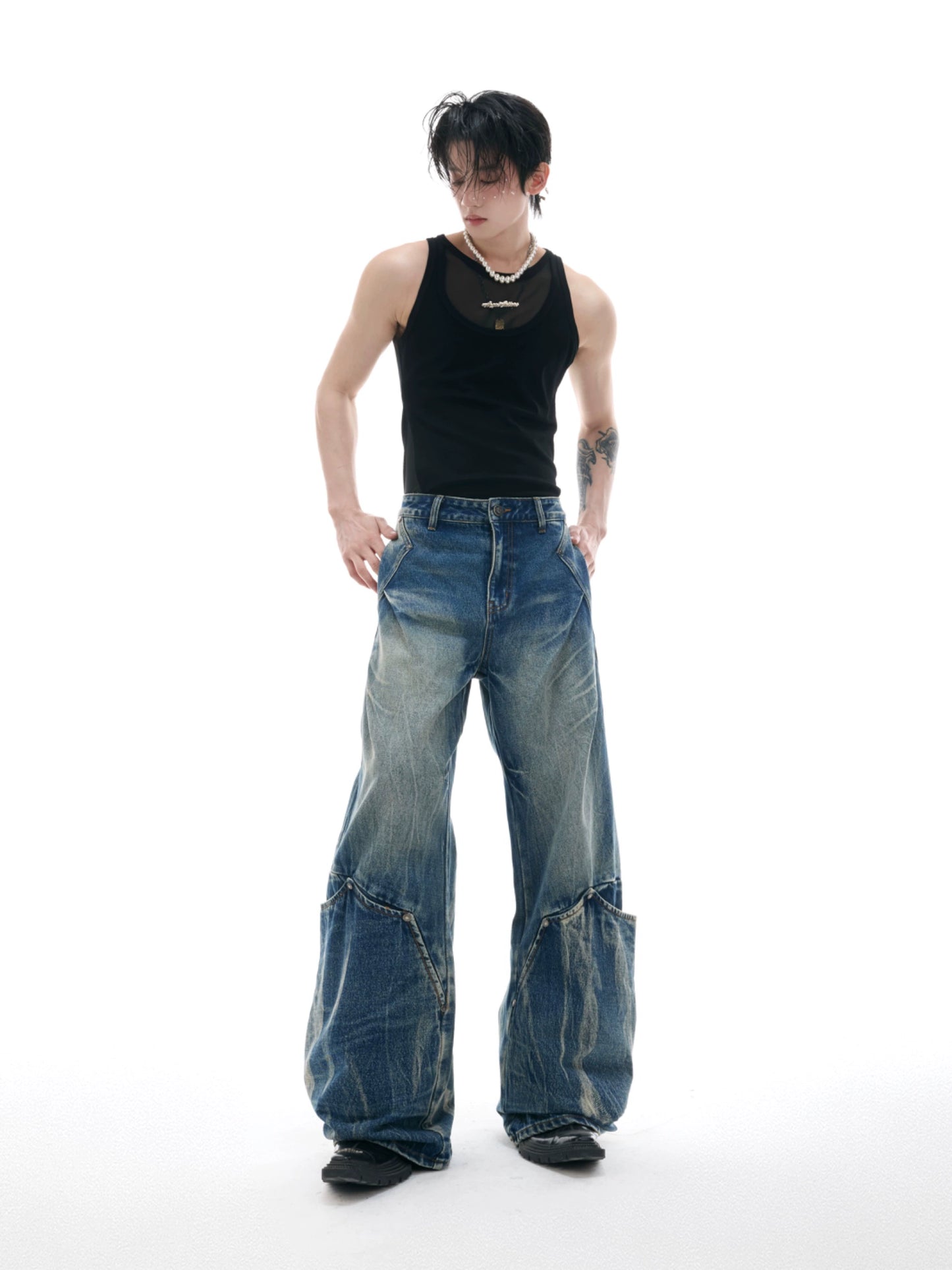 Heavy Wash Crack Patchwork Design Wide Leg Denim Jeans WN18409