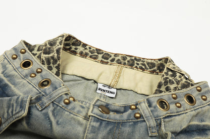 Leopard Waistband Washed Whisker Wide Leg Denim Jeans WN25566