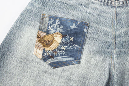 Washed Charm Patch Wide Leg Cropped Denim Jeans WN25564