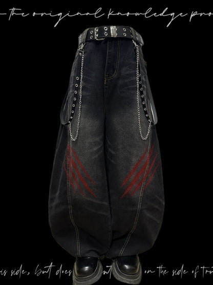Washed Whisker Scratch Wide Leg Denim Jeans & Belt & Chain WN20117