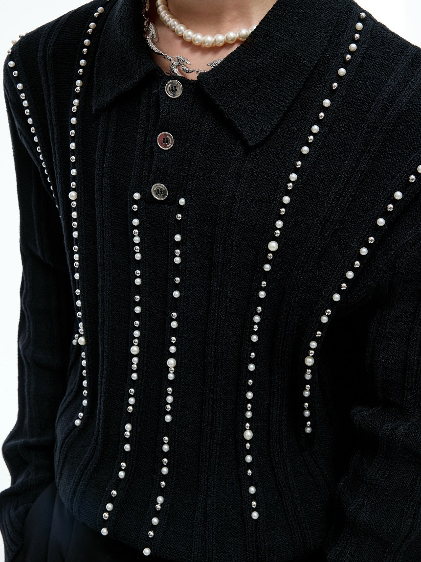 Pearl Beads Detail Knit Polo Shirt WN20540