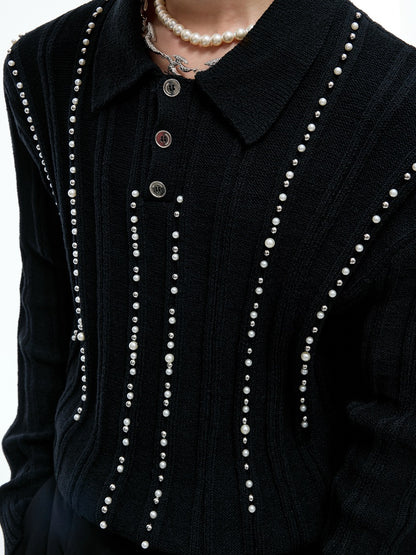 Pearl Beads Detail Knit Polo Shirt WN20540