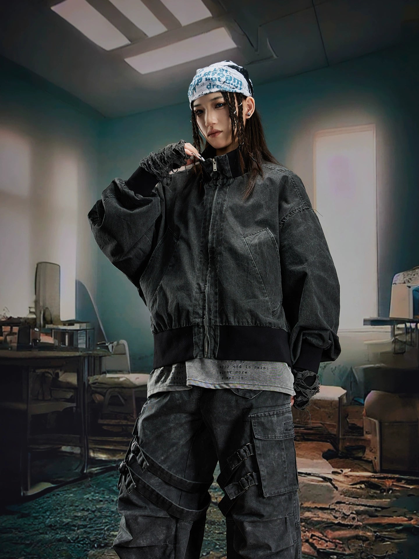 Washed Stand Neck Oversize Short Jacket WN20569