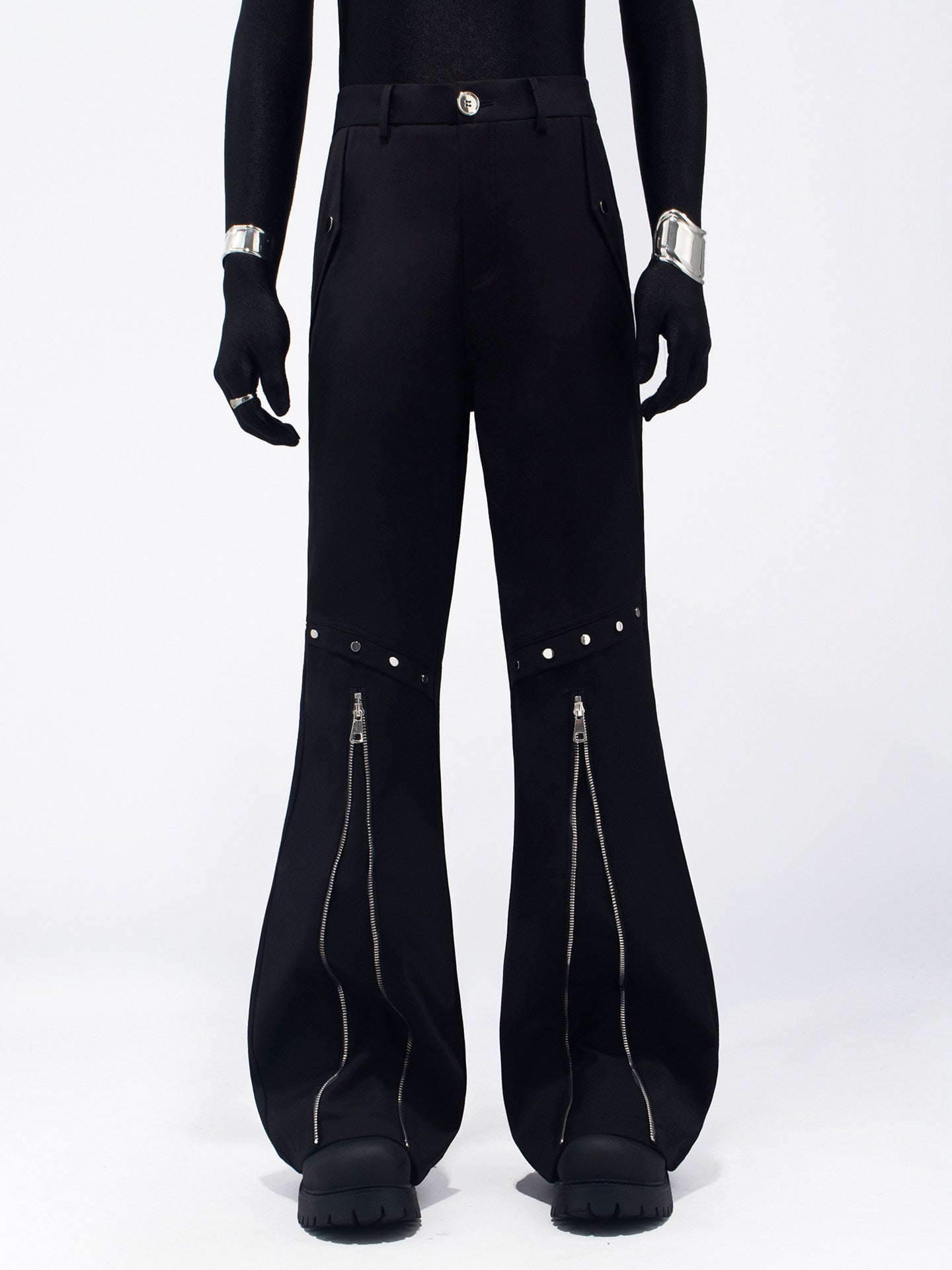 Studs Zipper Seam Flare Trousers WN23701