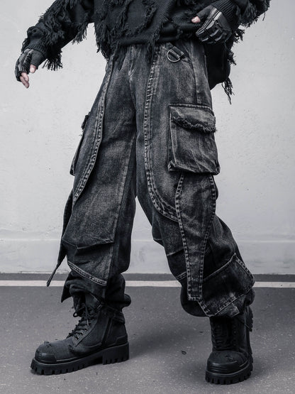 Multi Pocket Wash Damage Wide Leg Denim Jeans WN22388