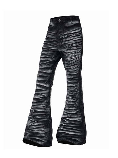 Wave Texture Pleats Foil Flare Denim Jeans WN23267
