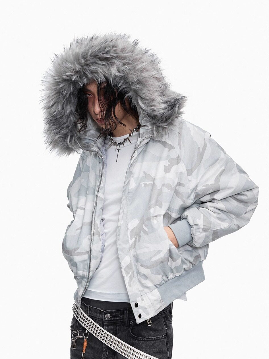 Camouflage Fake Fur Collar Cropped Puffer Jacket WN27364