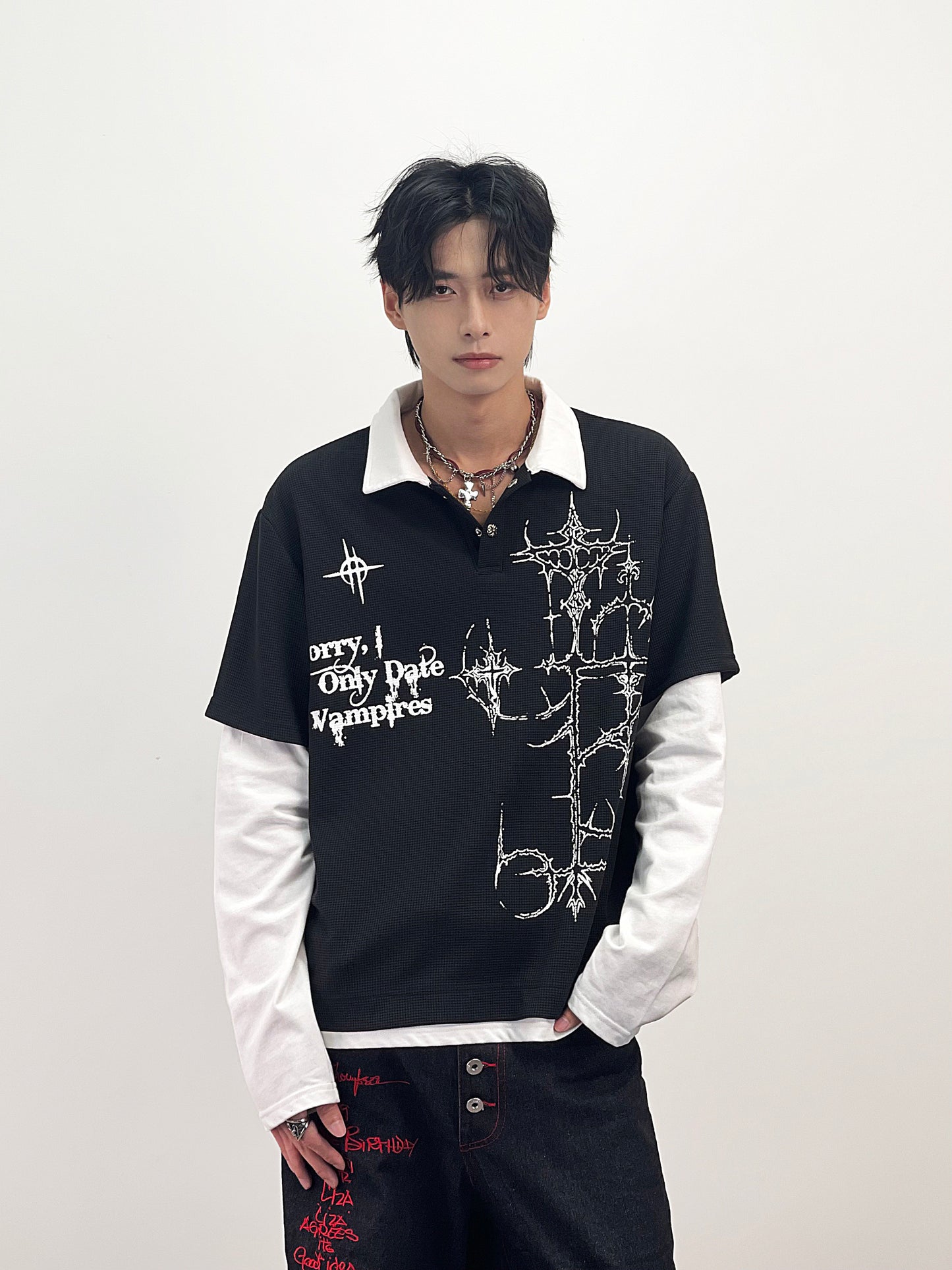 Cross Fake Layered Waffle Long Sleeve Polo T Shirt WN24245