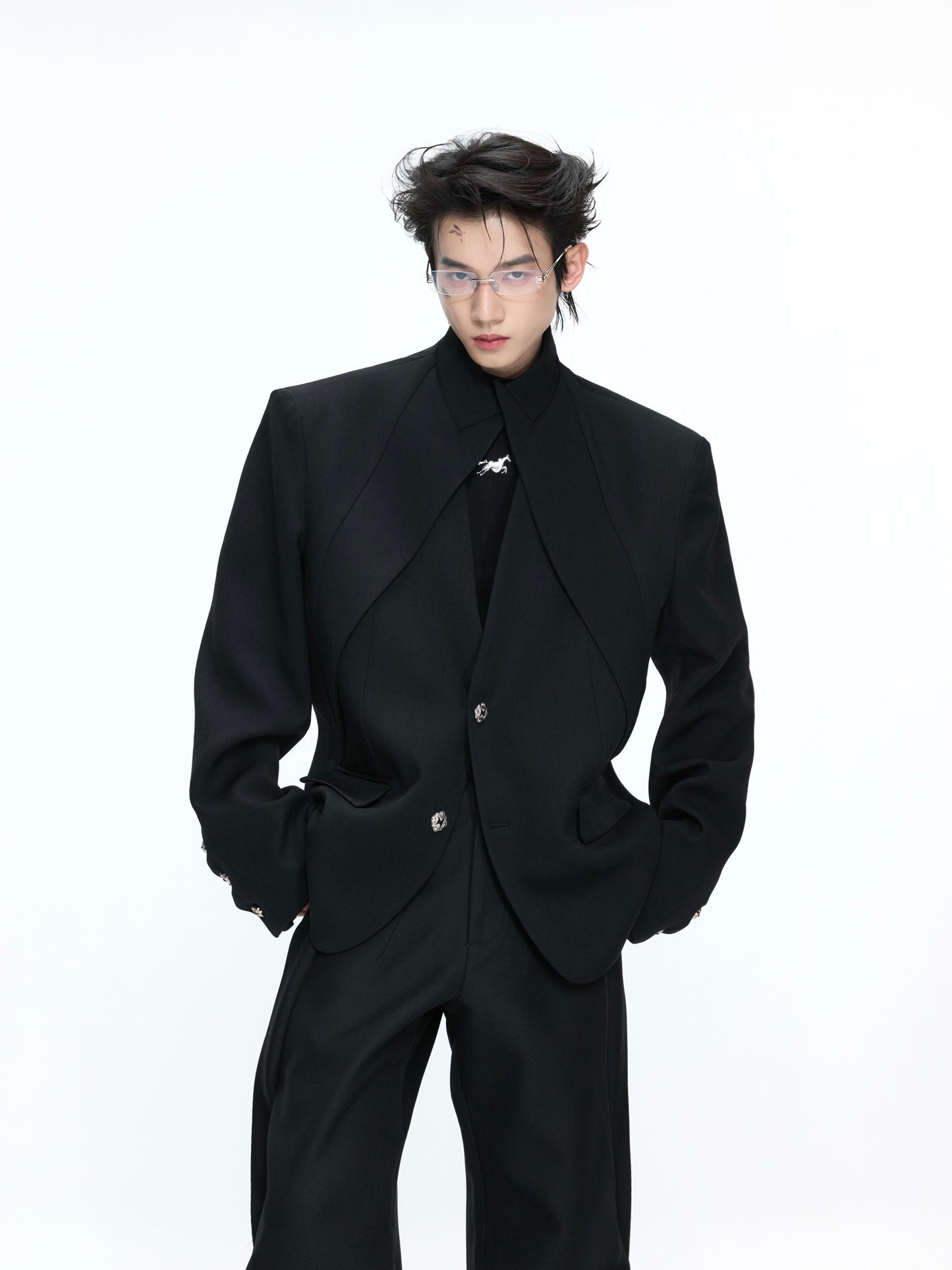 Fake Layered Stand and V-Neck Shoulder Pad Tailored Jacket & Wide Leg Trousers Setup WN26972