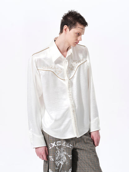 Draped Wrinkle-Resistant Note Embroidery Shoulder-Pad Long Sleeve Shirt WN23276