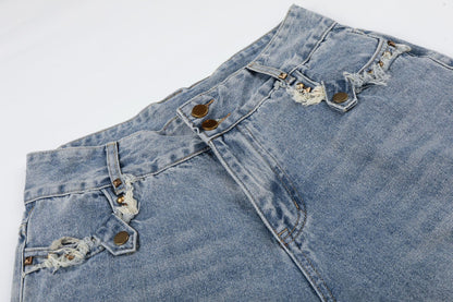 Fringe Studs Denim Half Jeans WN25518