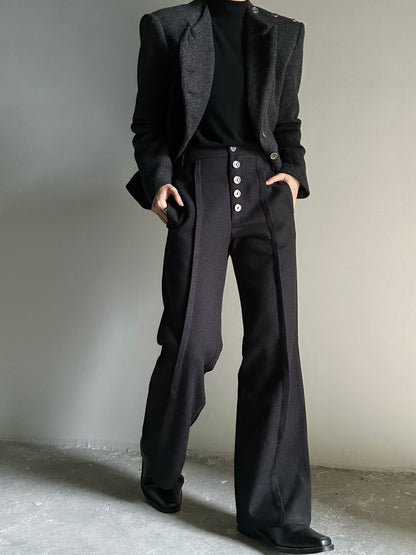 Elastic Waist Button-Front Wool Straight Trousers WN23142