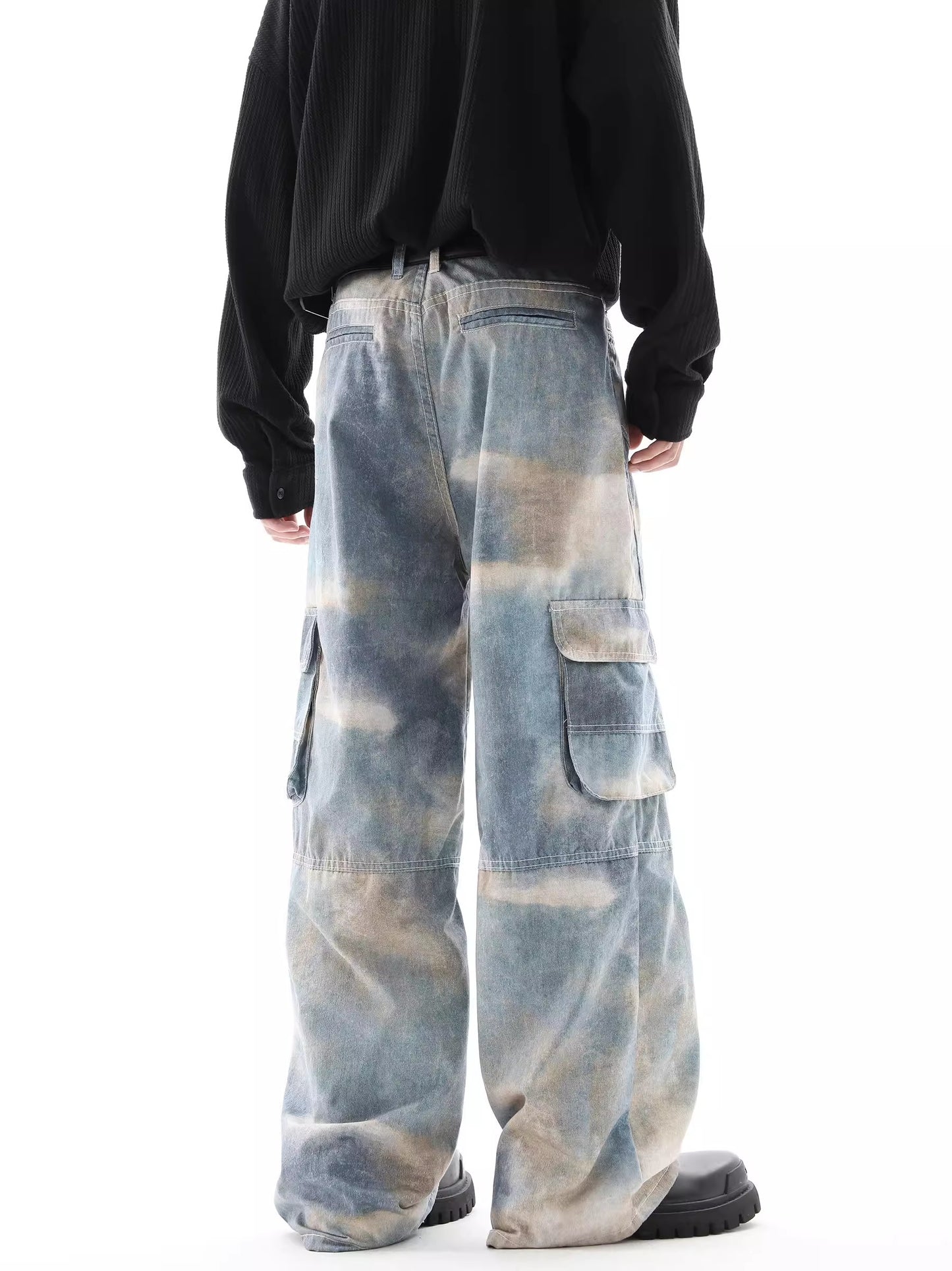 Tie-Dye Gradient Multi-Pocket Wide-Leg Cargo Denim Jeans WN10353