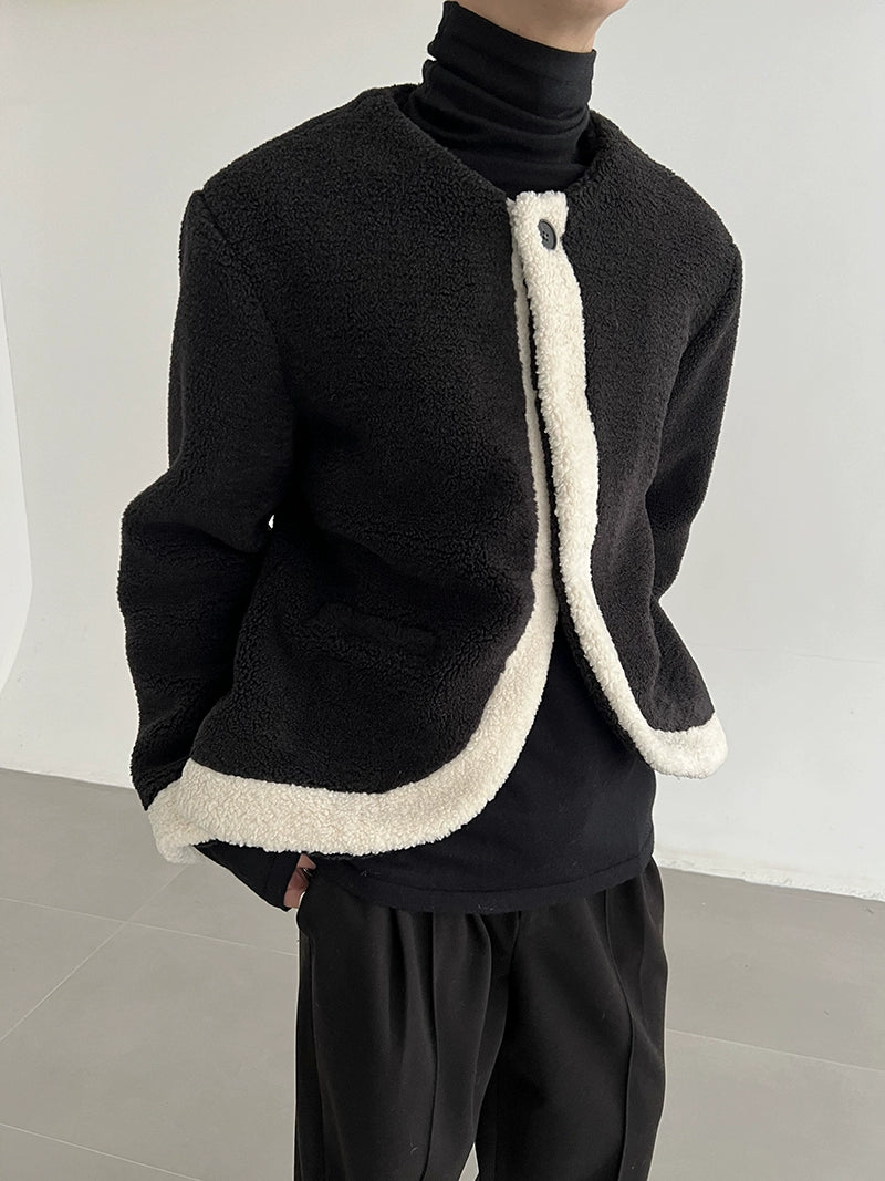 Collarless Contrast Boa Warm Jacket WN21469