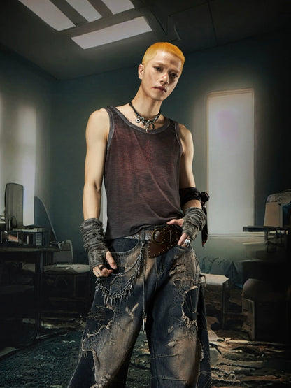 Embroidery Design Washed Dyed Sleeveless T-Shirt WN18436