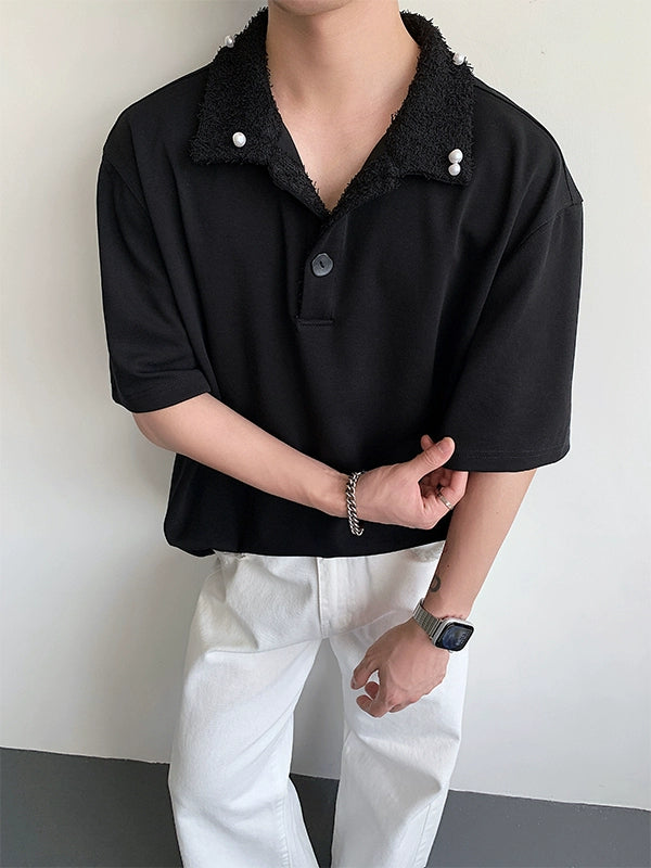 Fake Fur Collar Pearl PatchShort Sleeve Polo Shirt WN19306
