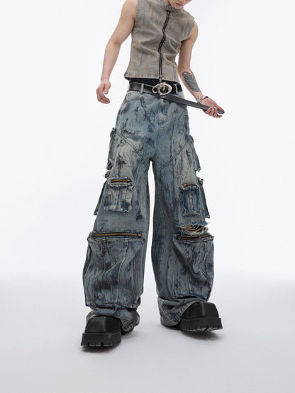 Damage Wide Leg Cargo Denim Jeans WN6485