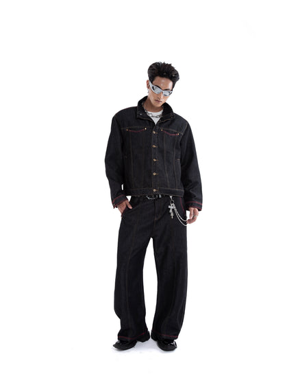 Standing-Collar Washed Denim Jacket & Denim Jeans Setup WN20655