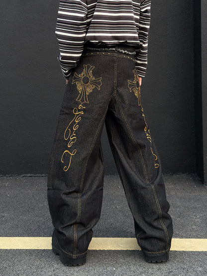 Cross Embroidery Wash Curved Cut Wide Leg Denim Jeans WN23023