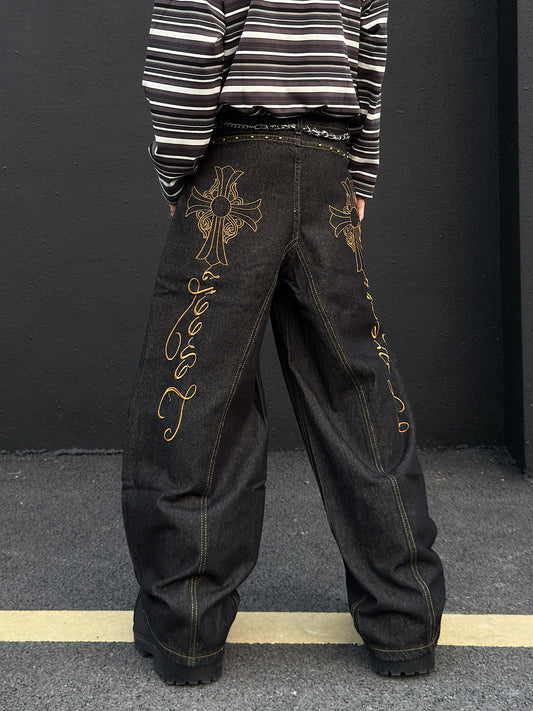 Cross Embroidery Wash Curved Cut Wide Leg Denim Jeans WN23023