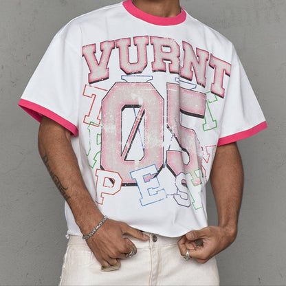 Contrast Collar Art Print Short Sleeve T-Shirt WN20997