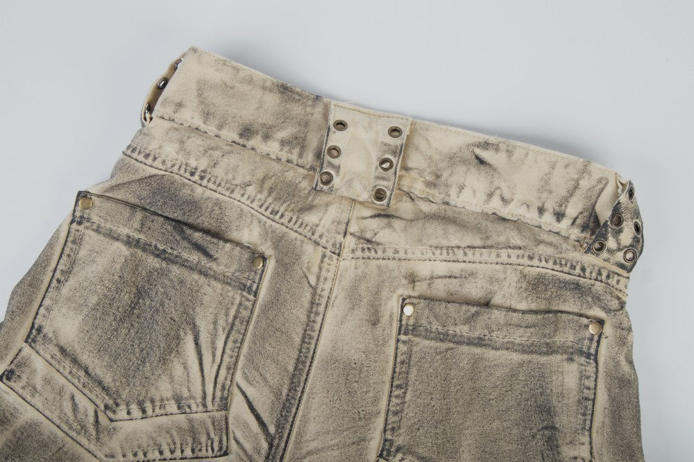 Washed Gradient Metal Stud Curved Wide Leg Denim Jeans WN27875