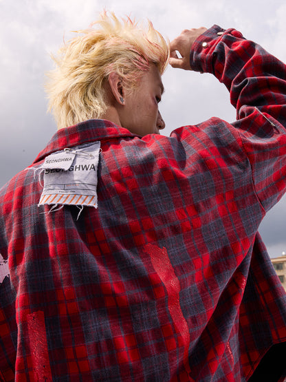 Plaid Star Print Oversize Long Sleeve Shirt WN27099