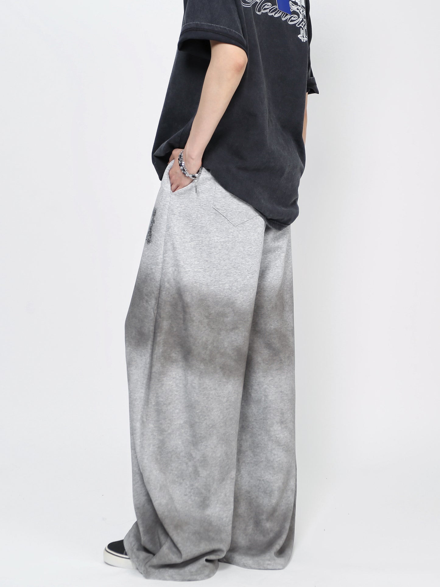 Cross Letter Print Washed Wide Leg Sporty Pants WN24483
