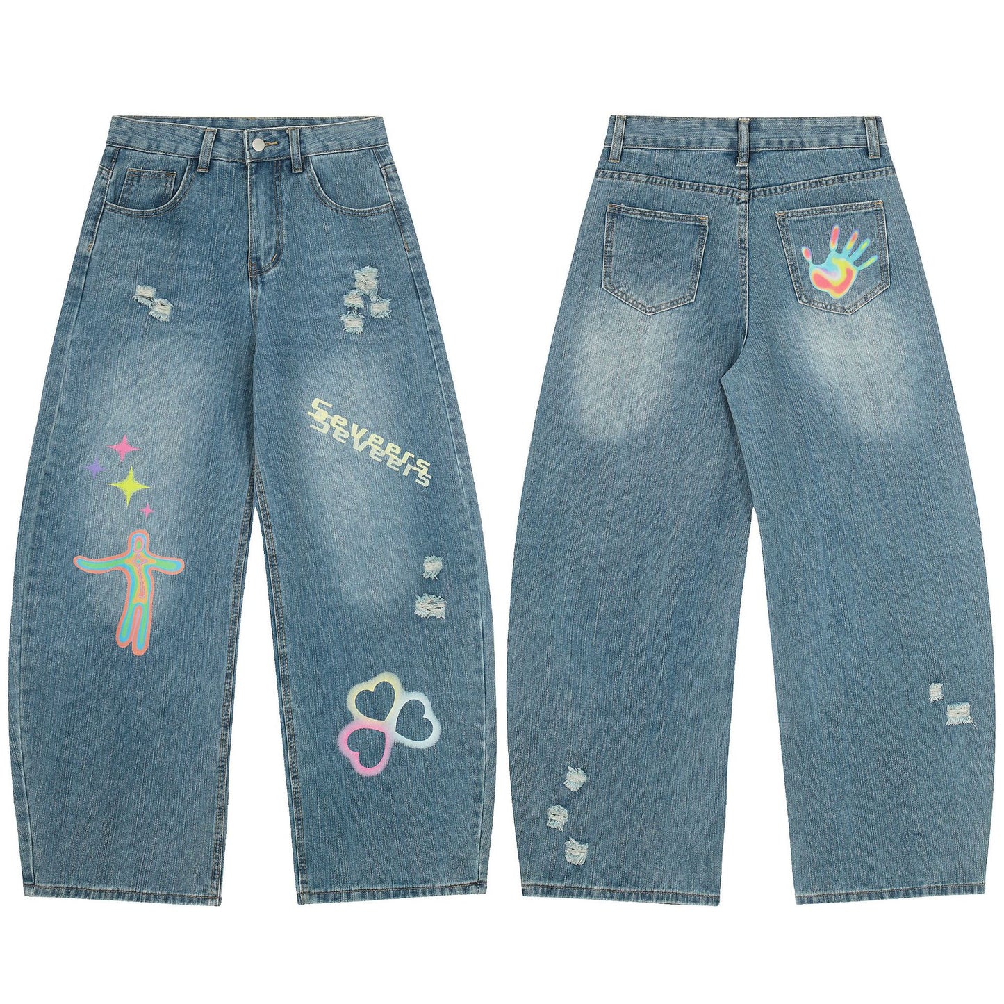 Star Heart Print Curved Wide Leg Denim Jeans WN25731