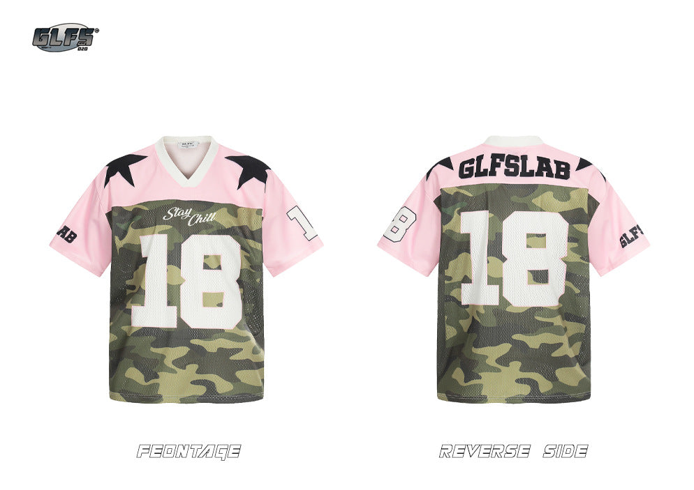 Sporty Pink Camo Star V-Neck Short Sleeve T-Shirt WN26507